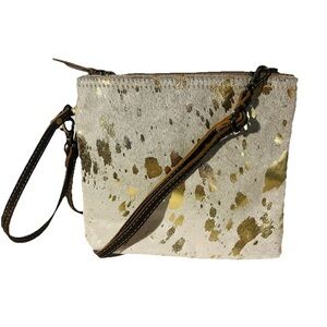 Myra Bags Sassy Brown Gold Fleck Hair Cowhide Leather Small Crossbody Bag